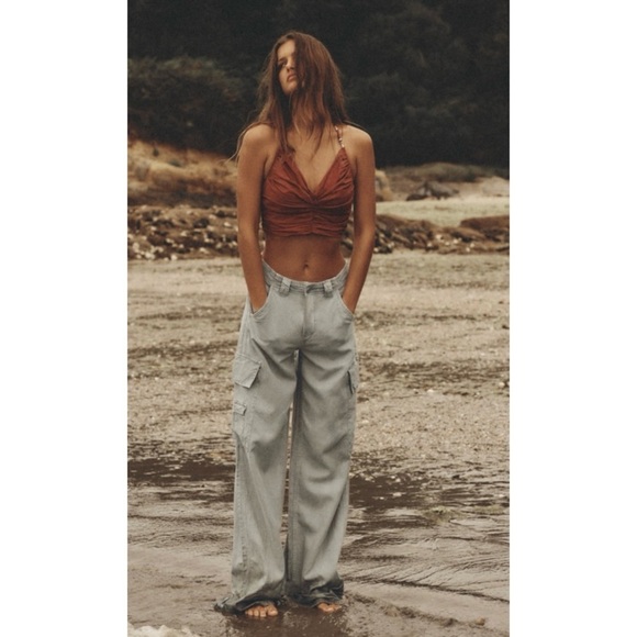 Zara TRF Sage Green Linen Blend Oversized Mid Rise Cargo Pants 10 - Picture 1 of 12